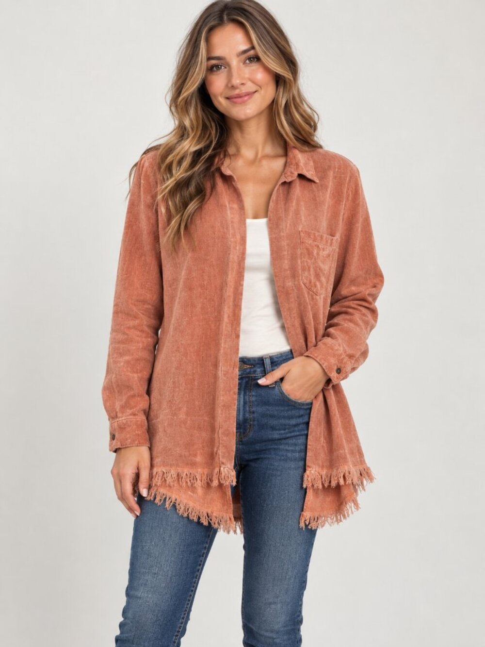 Umgee Rust Linen Blend Frayed Hem Button Down Shirt Medium